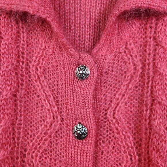 VTG 90s Cable Knit Sweater Cardigan Sz M Mohair Acrylic Blend Pink Button Preppy - Picture 3 of 13